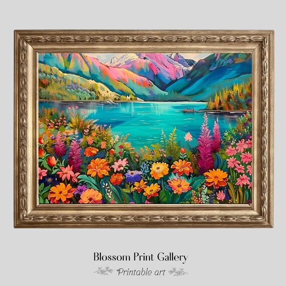 Rainbow Mountain Lake with Wildflower Shores Colorful Landscape Poster
