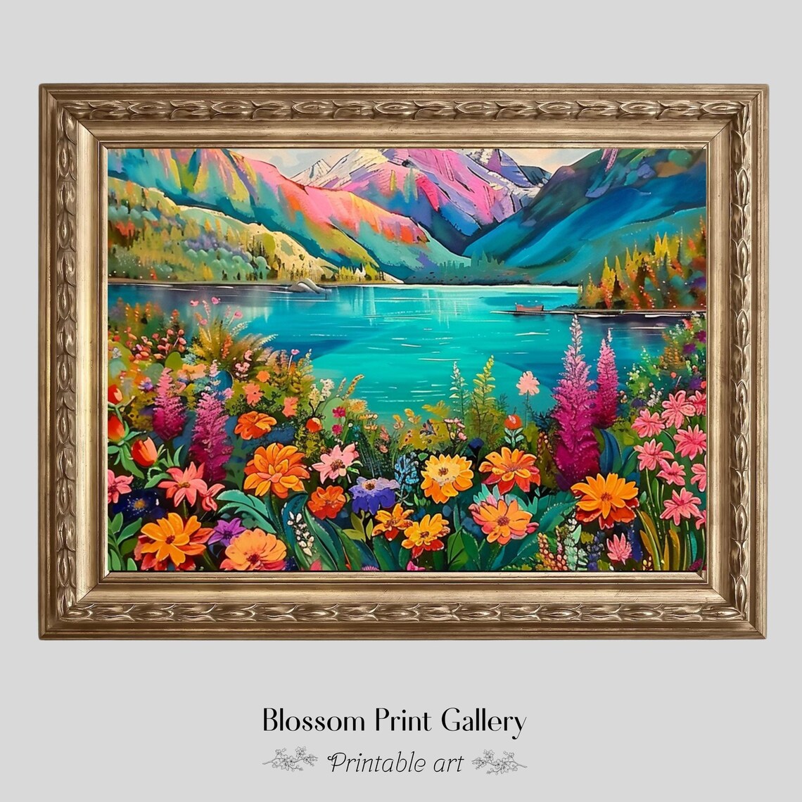 Rainbow Mountain Lake with Wildflower Shores Colorful Landscape Poster