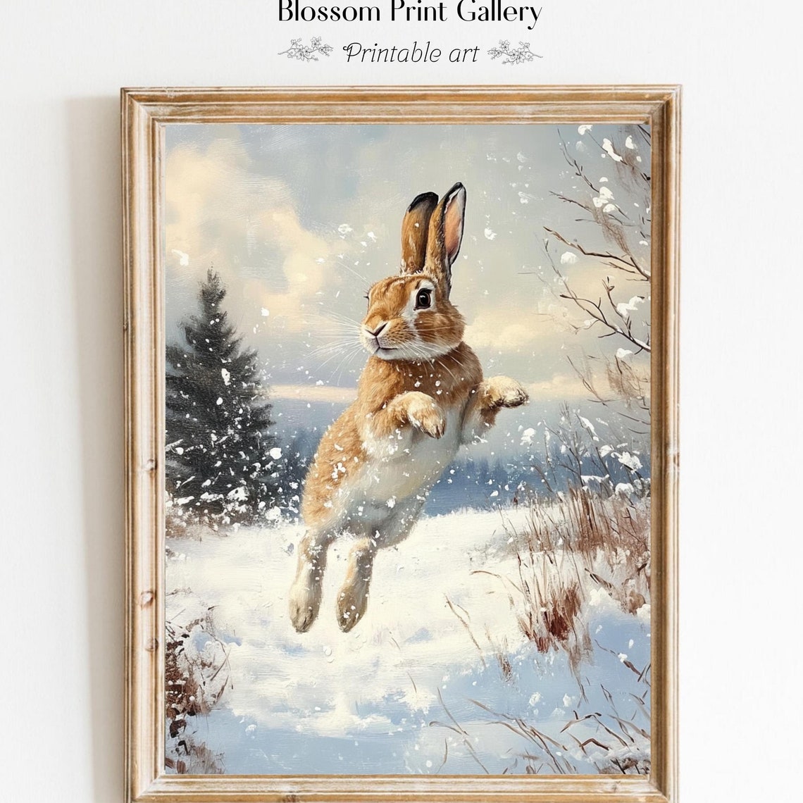 Leaping Rabbit In Falling Snow Winter Wildlife Painting Poster