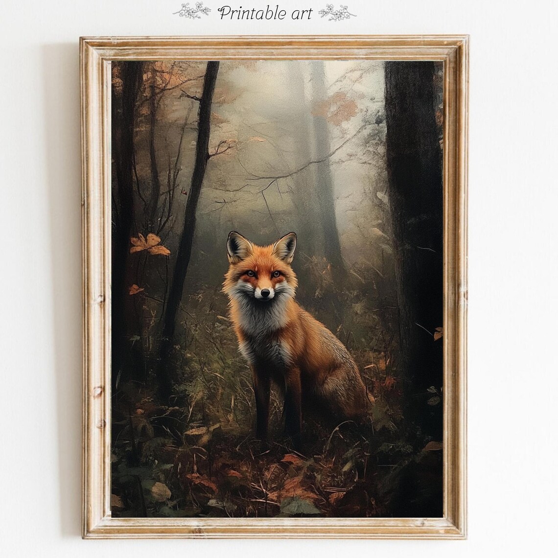 Red Fox Standing in a Misty Autumn Forest Wildlife Portrait Wall Art