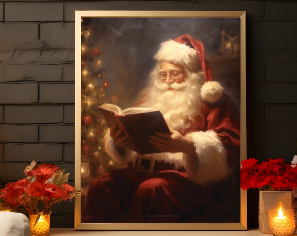 Santa Claus Reading By Christmas Tree Warm Portrait Art Poster - Image 6