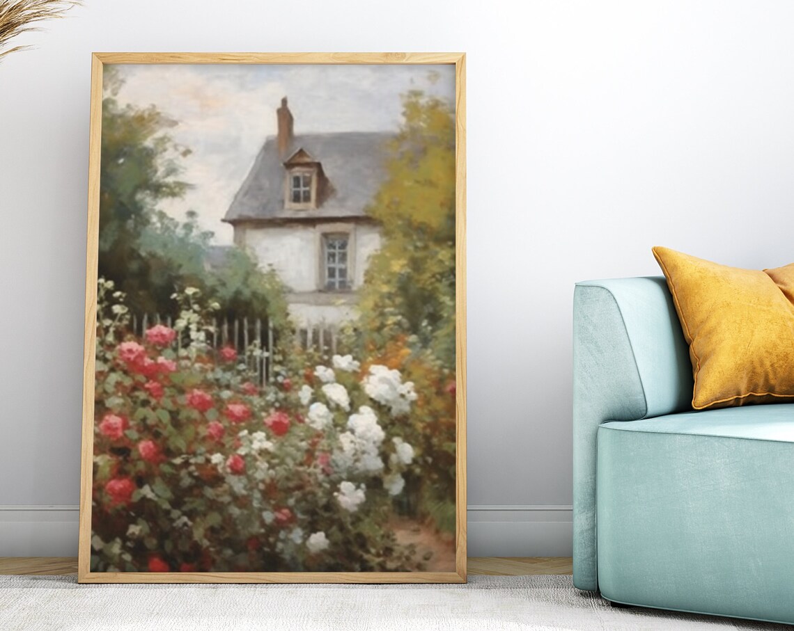 Charming Summer Country Cottage Rose Garden Impressionist Poster