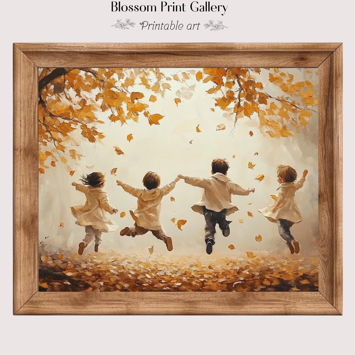 Children Running Through Falling Autumn Leaves Joyful Fall Poster