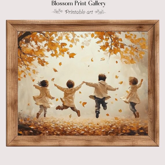 Children Running Through Falling Autumn Leaves Joyful Fall Poster