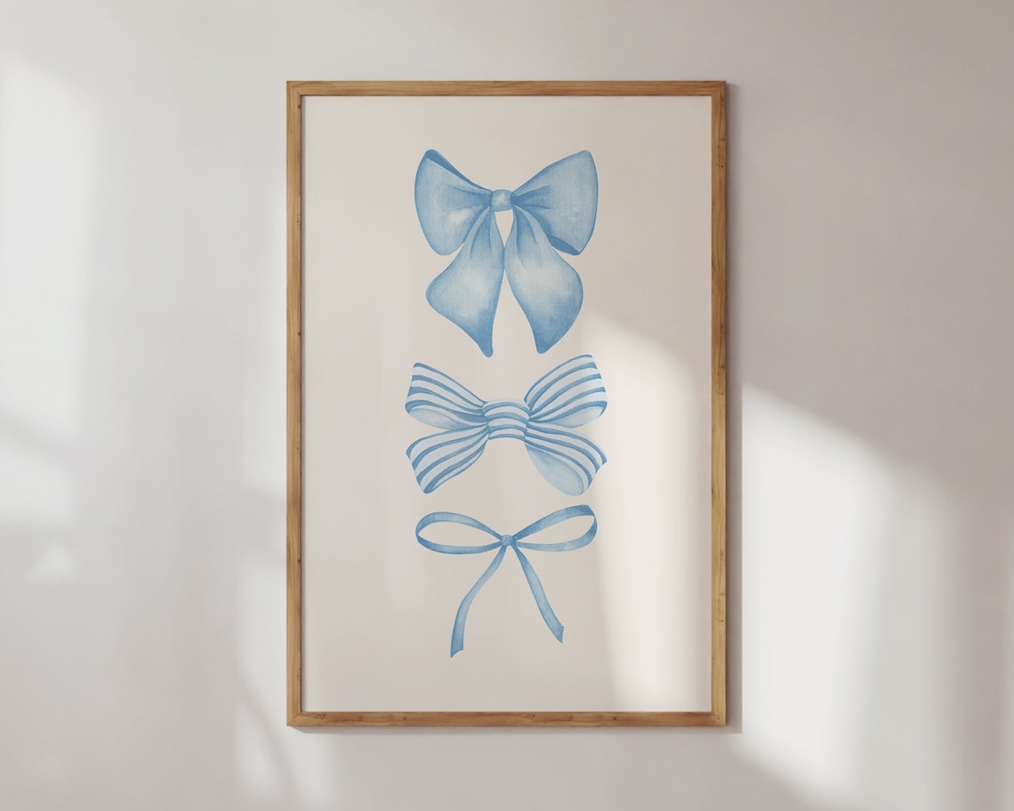 Blue Watercolor Bows Balletcore Coquette Nursery Girl Art Poster - Image 3