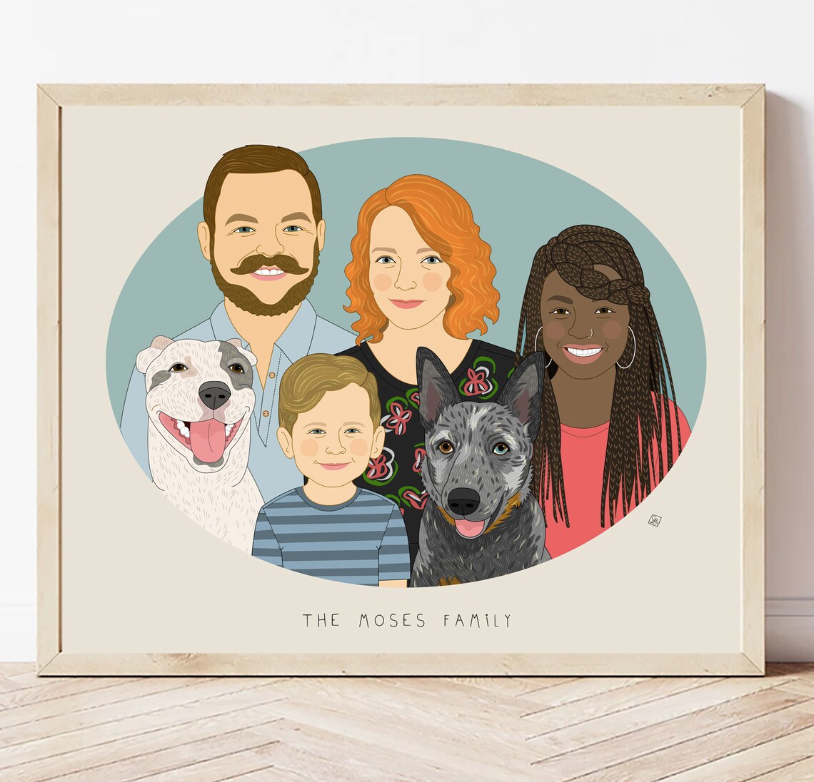 Custom Family Portrait With Pets, Personalized Art Print