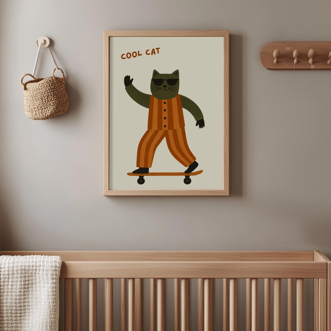 Cool Cat Skateboard Sunglasses Funny Retro Kids Room Art Poster