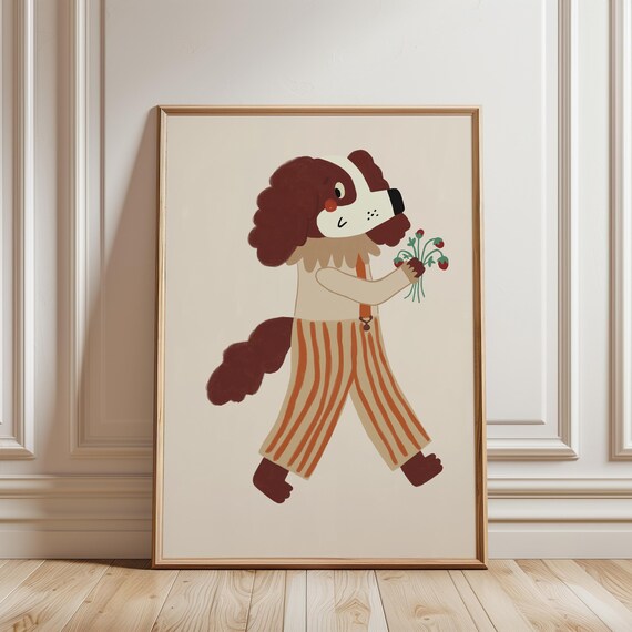Whimsical Spaniel Dog With Flowers Funny Nursery Kids Room Poster