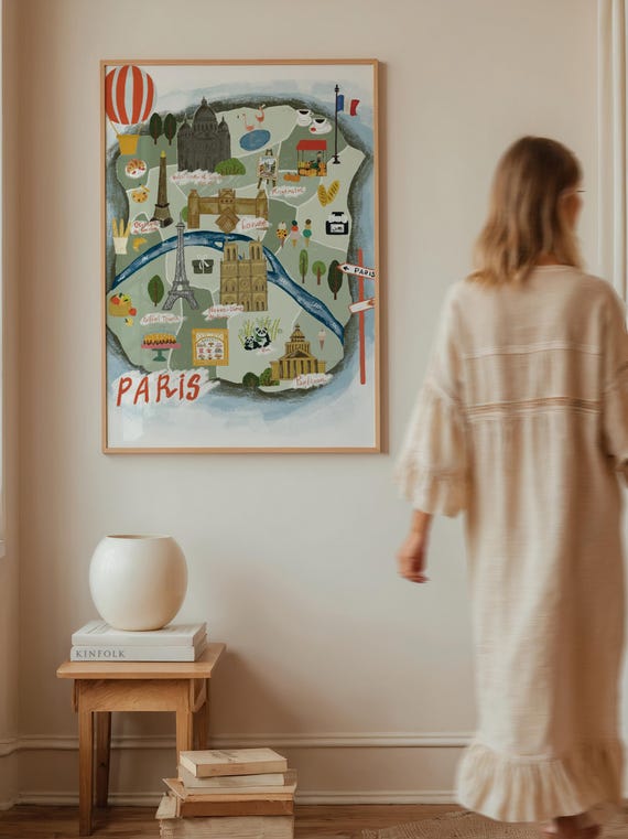 Whimsical Paris City Map Art France Landmarks