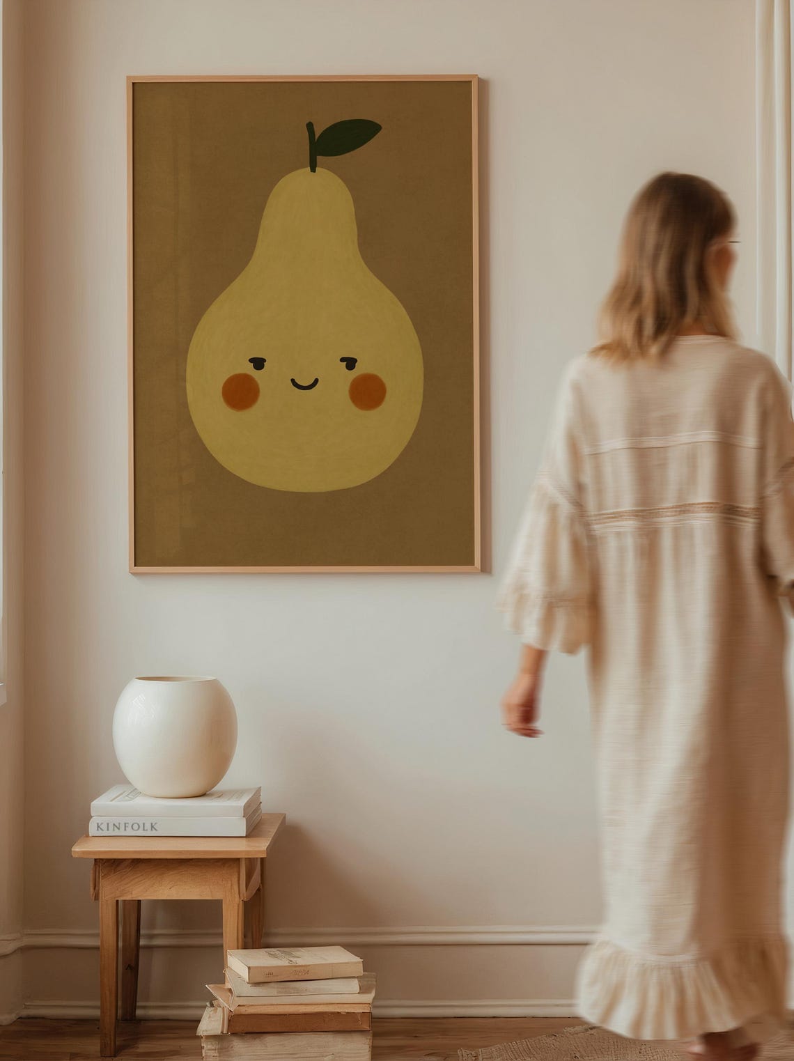 Smiling Green Pear Cute Minimalist Fruit Kitchen Nursery Poster
