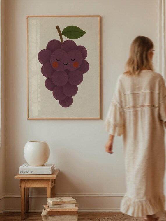 Smiling Purple Grape Cartoon Face Cute Kids Kitchen Fruit Poster