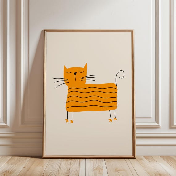 Abstract Orange Cat Print Playful Minimalist Wall Art Home Kids Room Decor