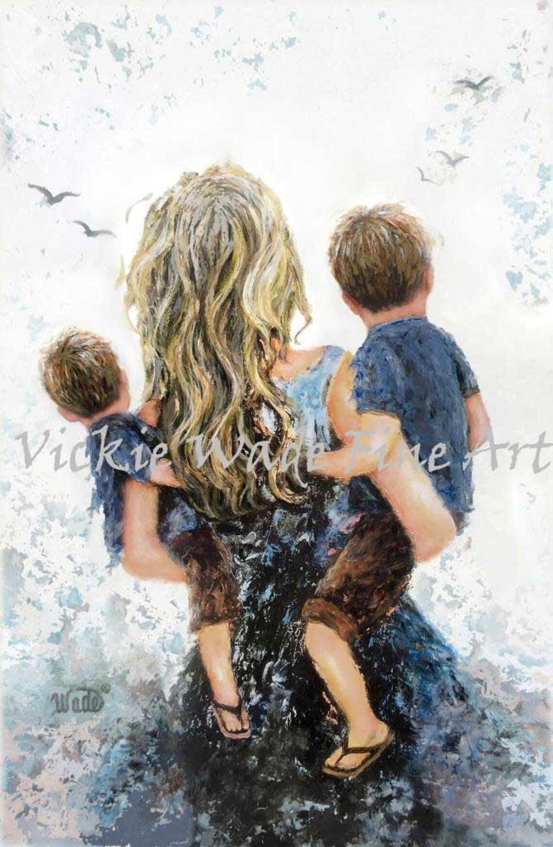 Mother Carrying Two Little Sons in a Dreamy Watercolor Sky Poster
