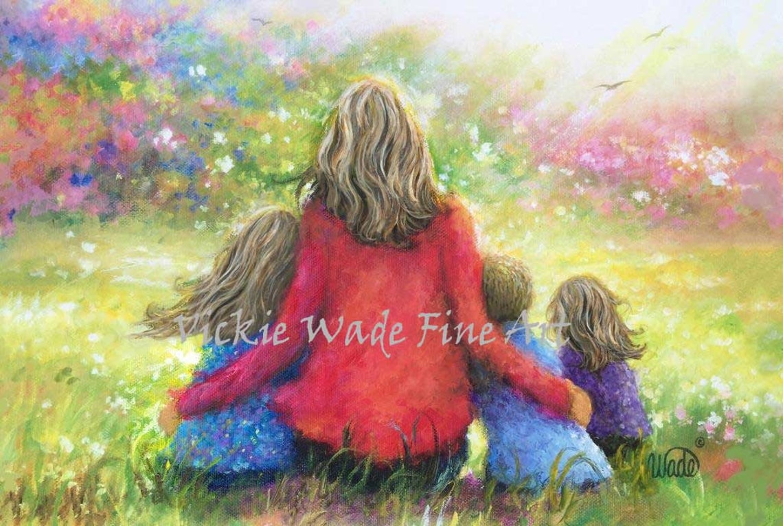 Mother Three Children Art Print Two Girls And Boy Two Sisters And Brother Girl Boy Girl Mom Hugging Flower Garden Vickie Wade Art