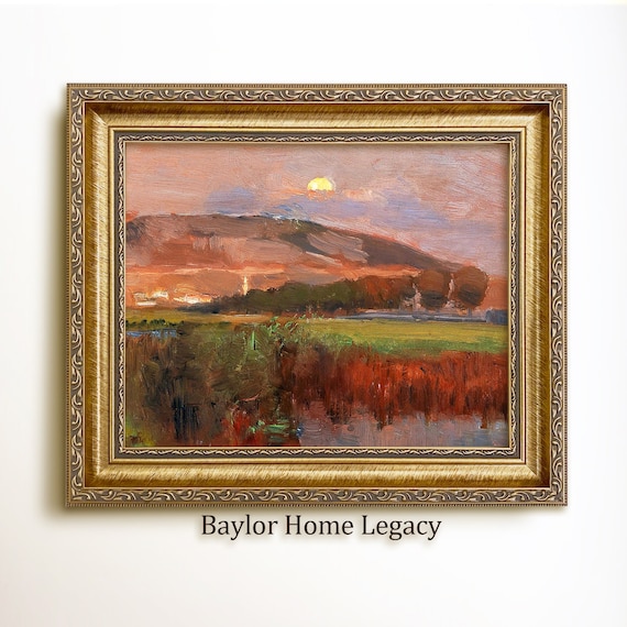 Vintage Sunrise Landscape, Oil Painting Art Print