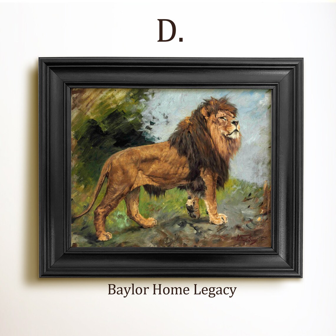 Majestic Lion Standing in Wild Landscape Vintage Wildlife Oil Painting Poster - Image 2