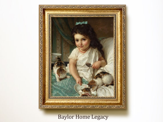 Girl and Kittens Oil Painting Print, Vintage Cat Art