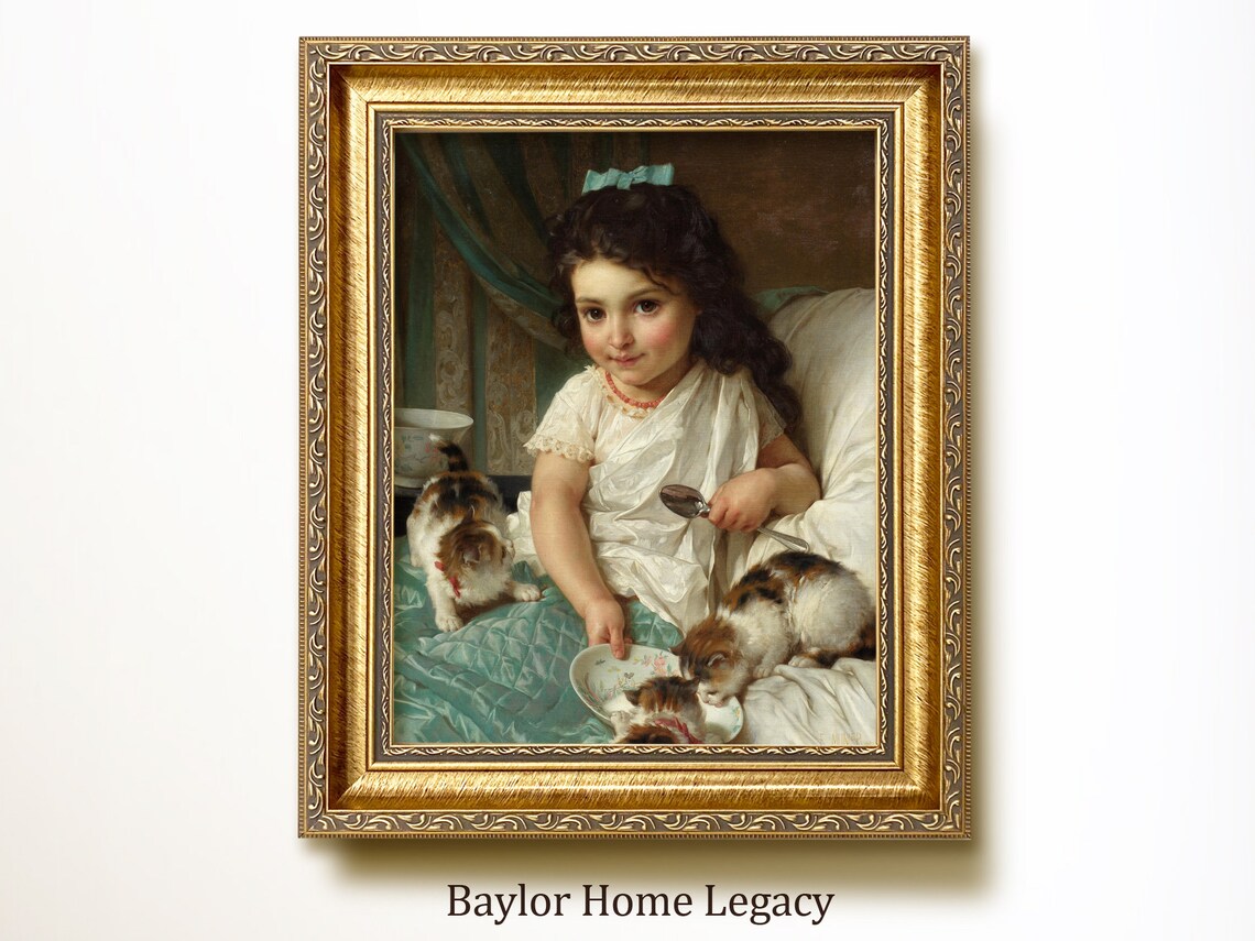 Girl and Kittens Oil Painting Print, Vintage Cat Art