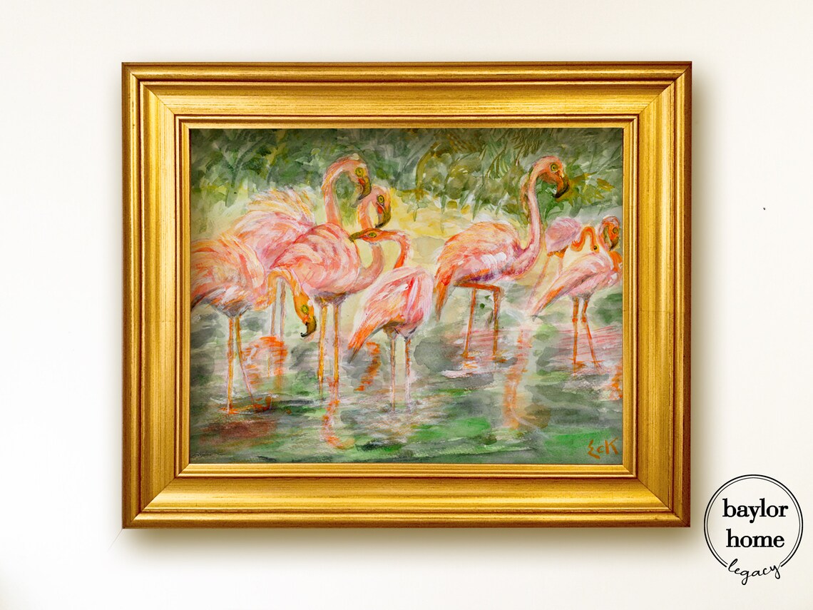 Pink Flamingos Wading In Shallow Water Tropical Watercolor Bird Poster
