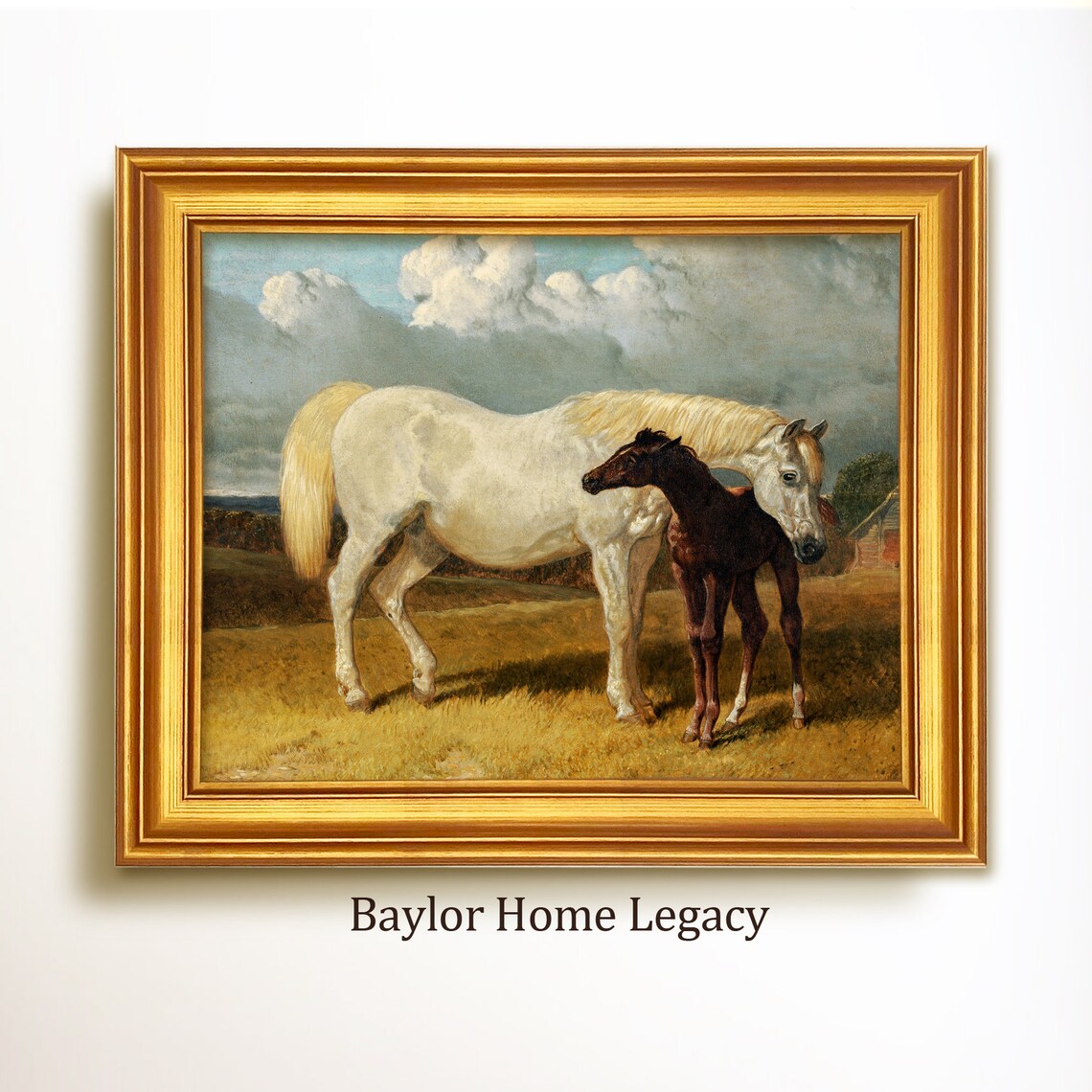 Gray Mare And Foal Oil Painting Print, Vintage Equestrian