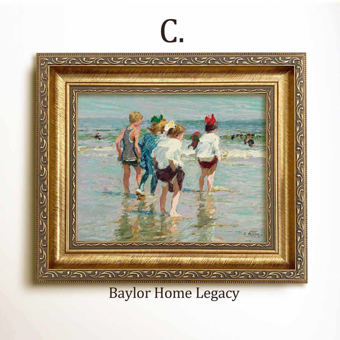 Children Wading in the Ocean, Vintage Oil Painting Art Print - Image 3