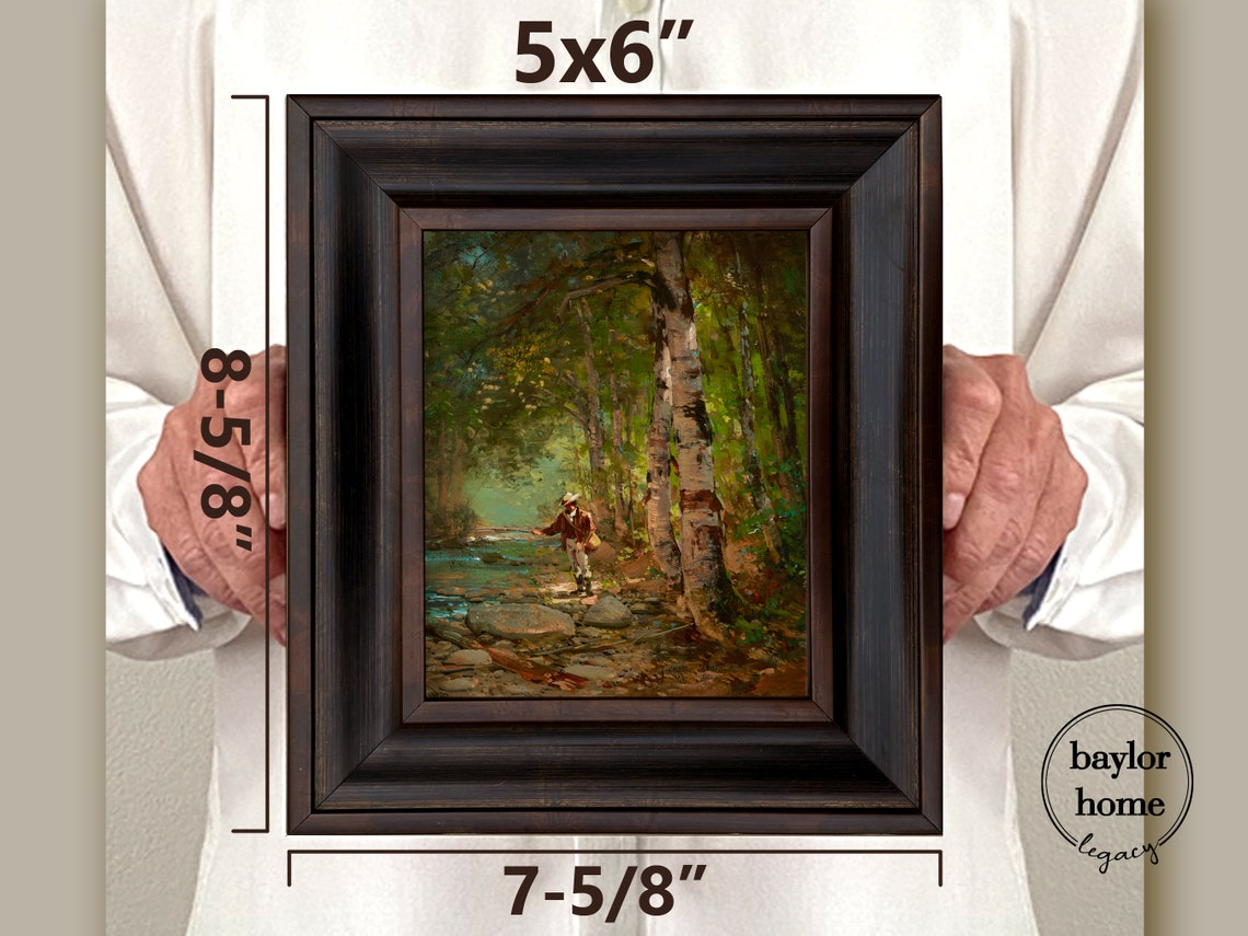 Framed Fisherman Painting Fisherman In Stream Oil Painting Print On Vintage Fishing Artwork - Image 3