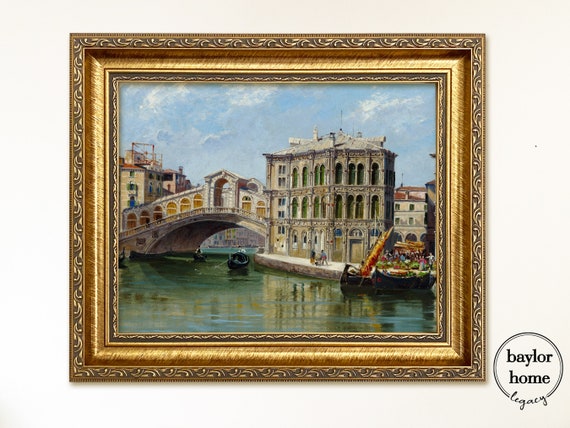 Framed Rialto Bridge Oil Painting Print On Framed Vintage Italy Grand Canal In Gold Frame