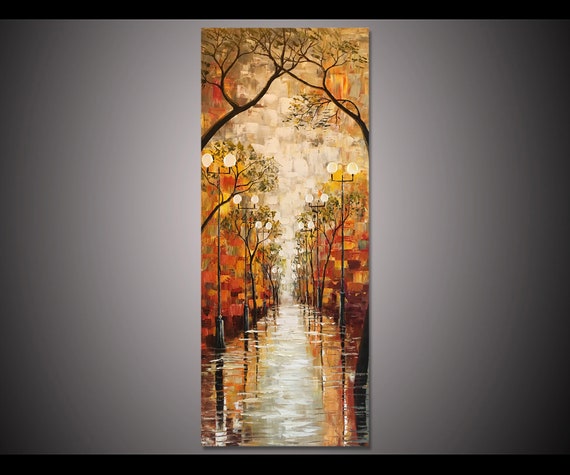 Hand Painted Large Modern Home Decor Wall Art Rainy Night Street Light Tree Landscape Thick Palette Knife Oil Painting On Art By Lisa