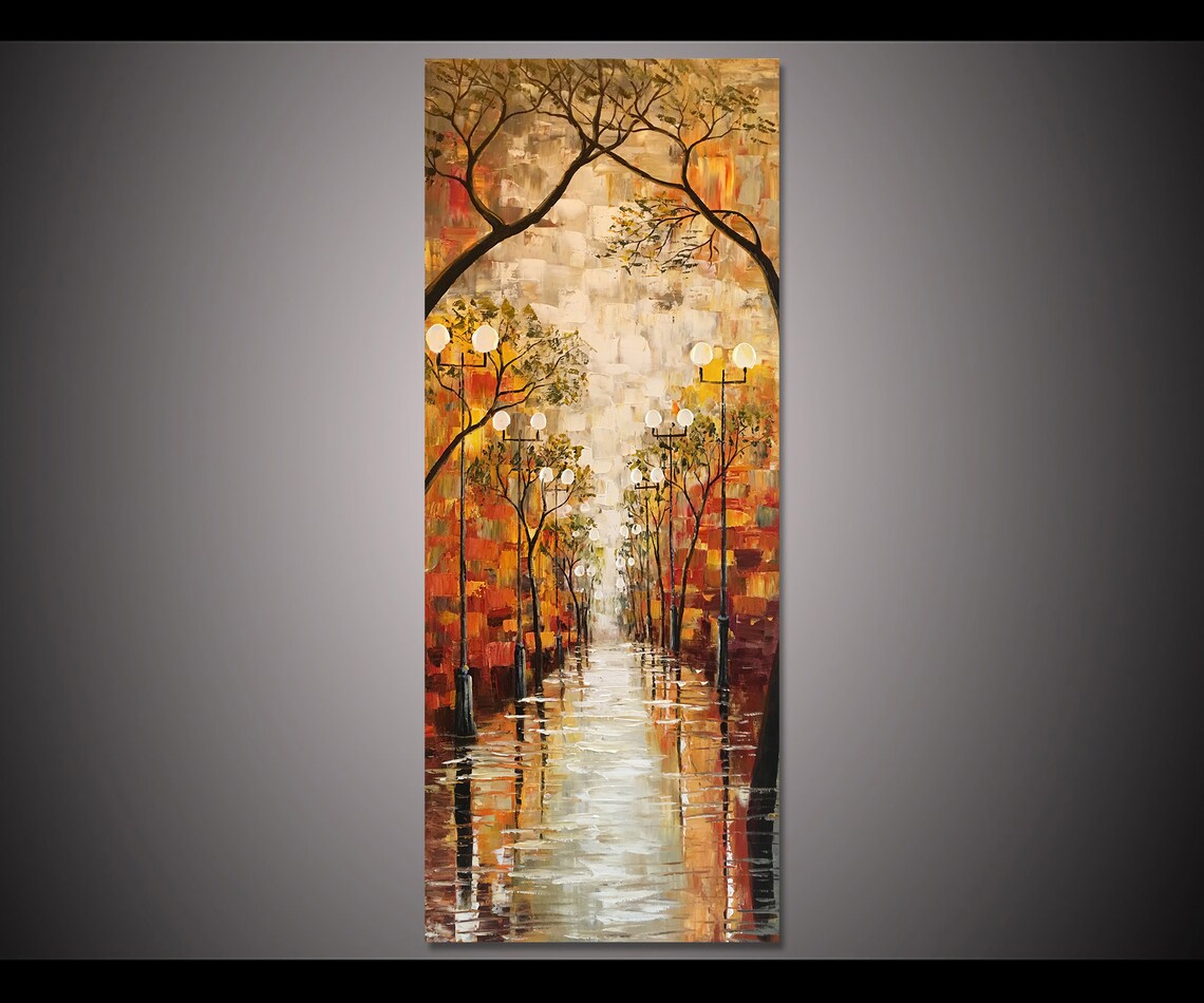 Rainy Night Street Lamps Reflection Wet Road Autumn Painting Poster