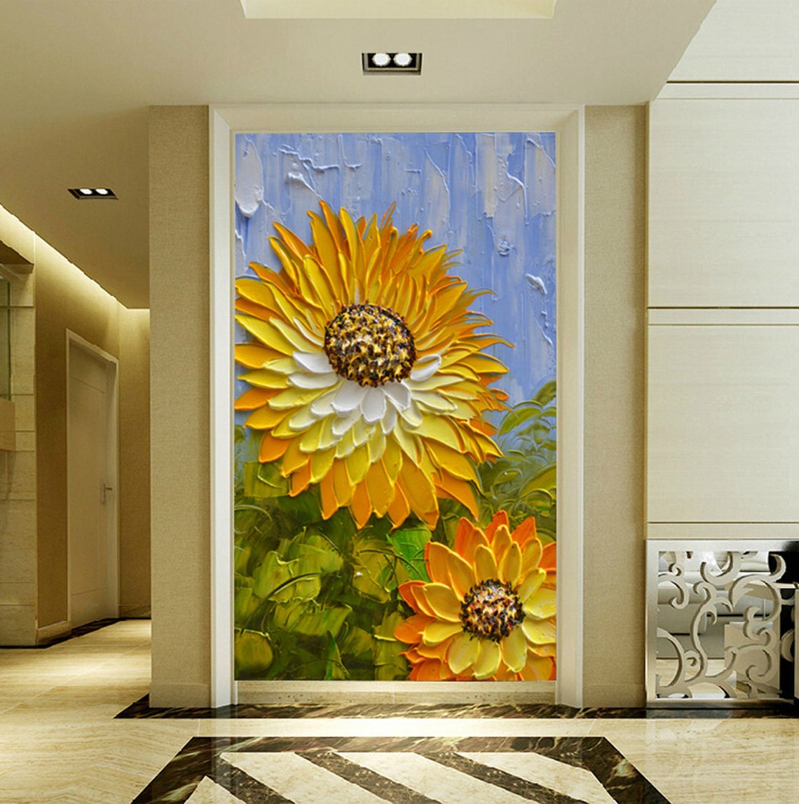 Yellow Sunflower Impasto Oil Painting On Blue Sky Background Poster