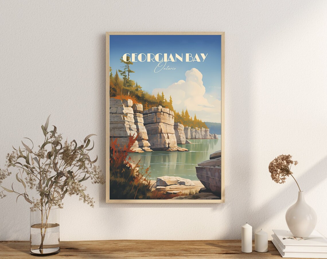 Georgian Bay Ontario Limestone Cliffs Vintage Coastal Travel Poster