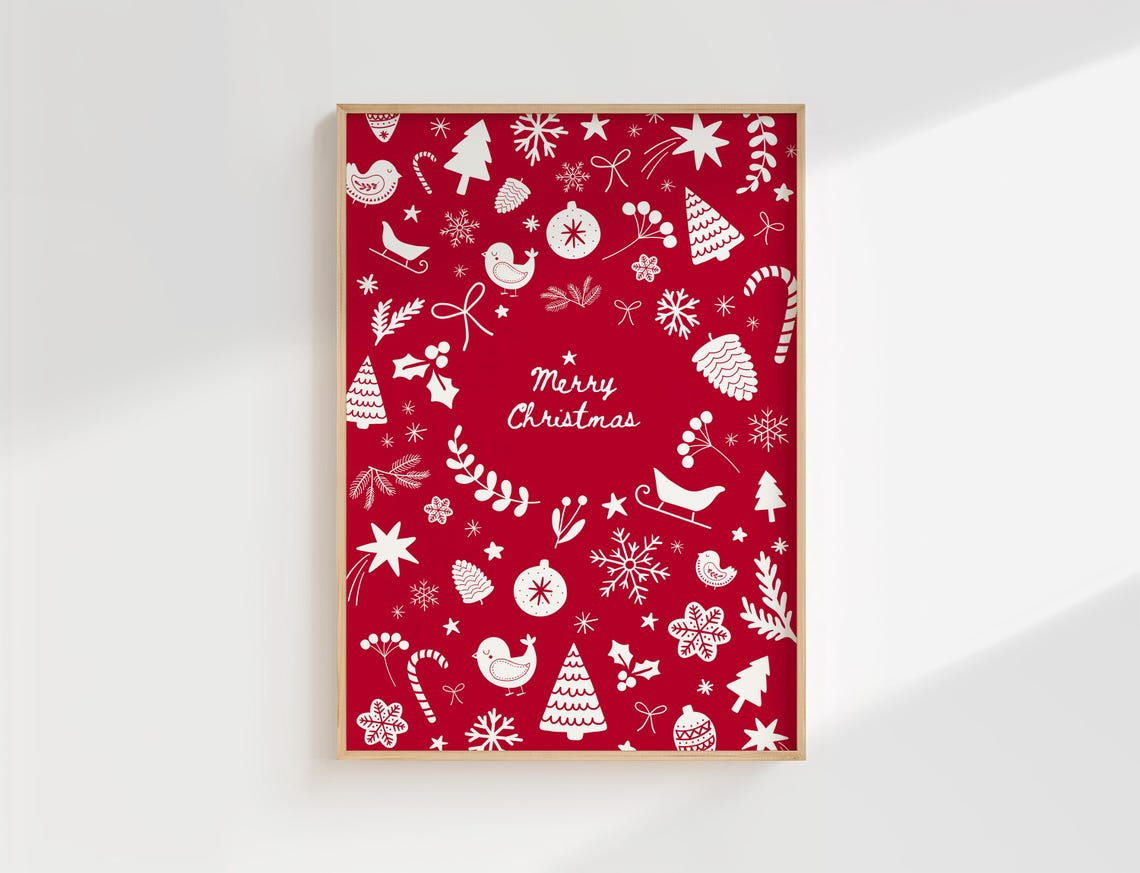 Merry Christmas Red White Scandinavian Icons Holiday Art Poster - Image 2