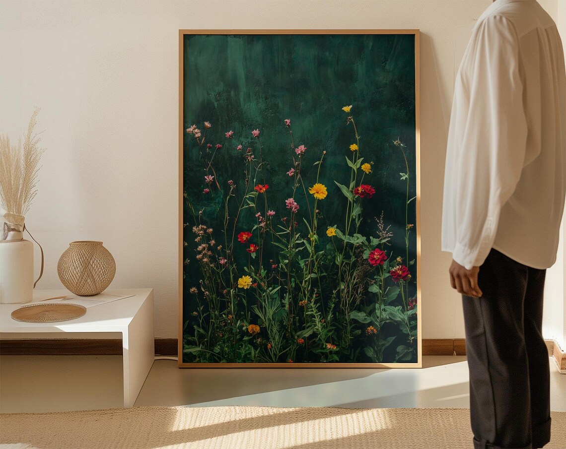 Wildflower Field Dark Green Moody Vintage Botanical Meadow Poster