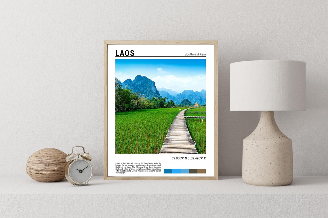 Laos Southeast Asia Rice Paddy Boardwalk Mountains Travel Poster - Image 2