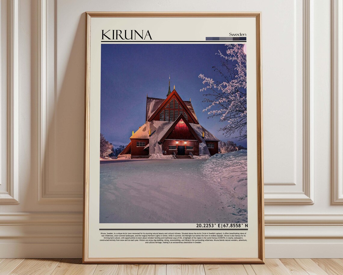 Kiruna Sweden Snowy Church Night Arctic Winter Travel Poster