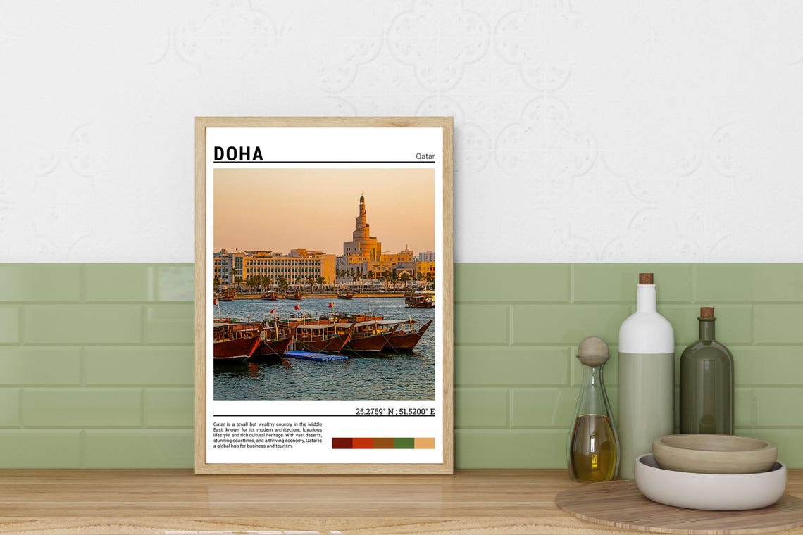 Doha Qatar Traditional Dhow Boats Spiral Minaret Sunset Poster - Image 3