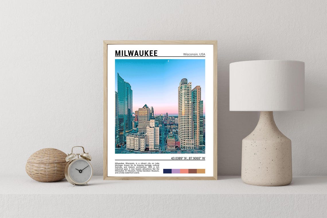 Milwaukee Wisconsin Downtown Glass Towers Dusk Skyline Travel Poster - Image 2