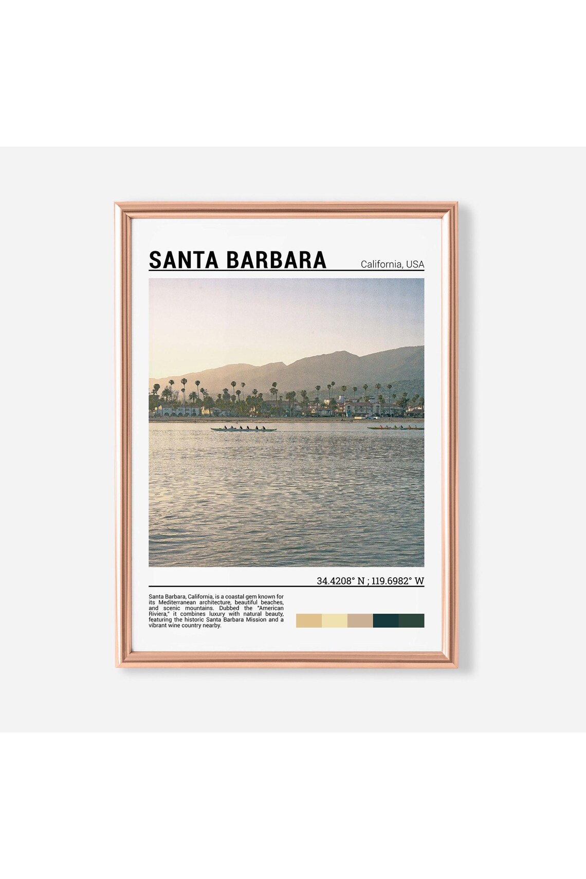 Santa Barbara California Waterfront Palms Mountains Sunset Travel Poster