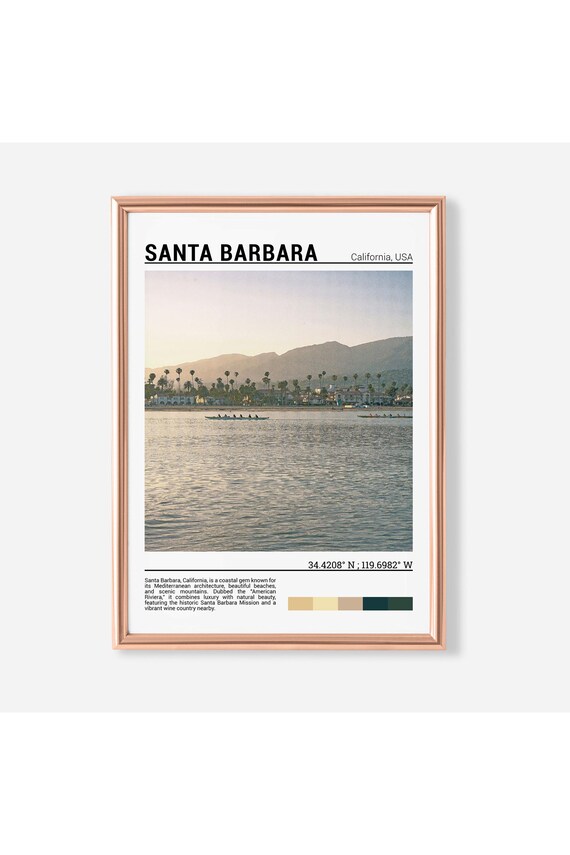 Santa Barbara California Waterfront Palms Mountains Sunset Travel Poster