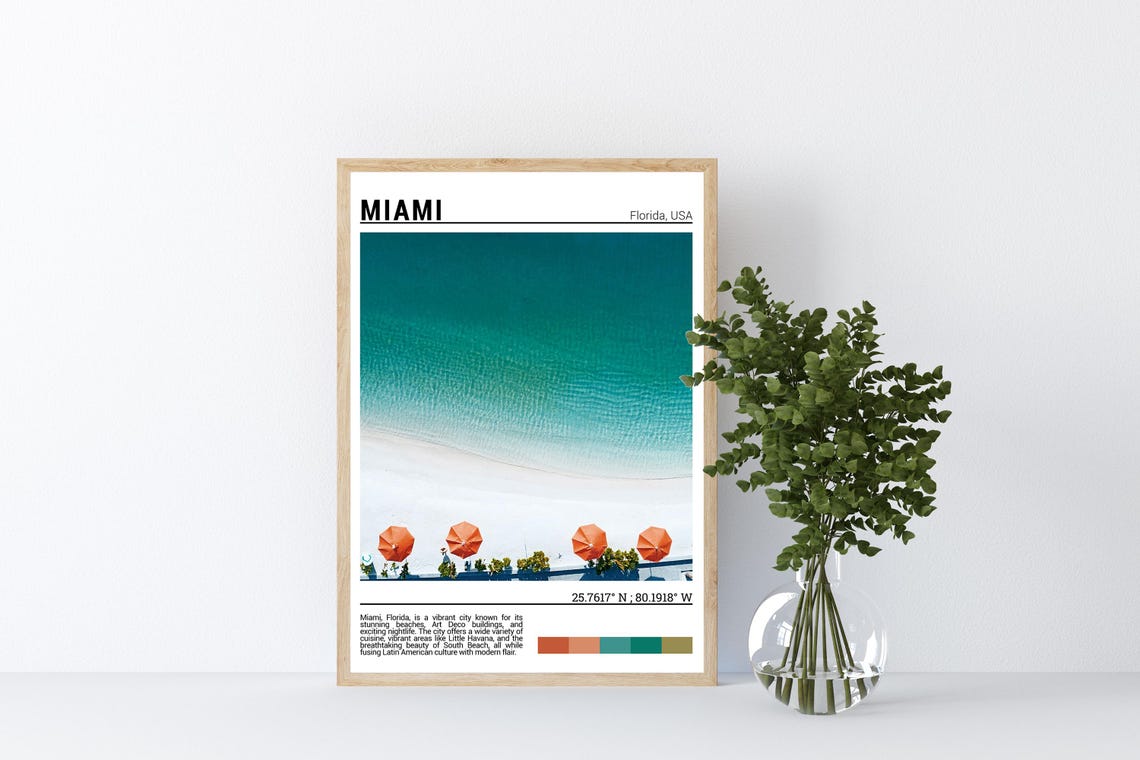 Miami Florida Aerial Beach Umbrellas Turquoise Ocean Scene Poster - Image 4