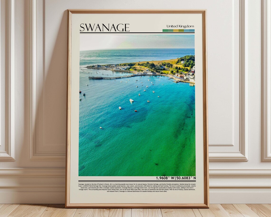 Swanage United Kingdom Coastal Bay Travel Poster With Sailboats