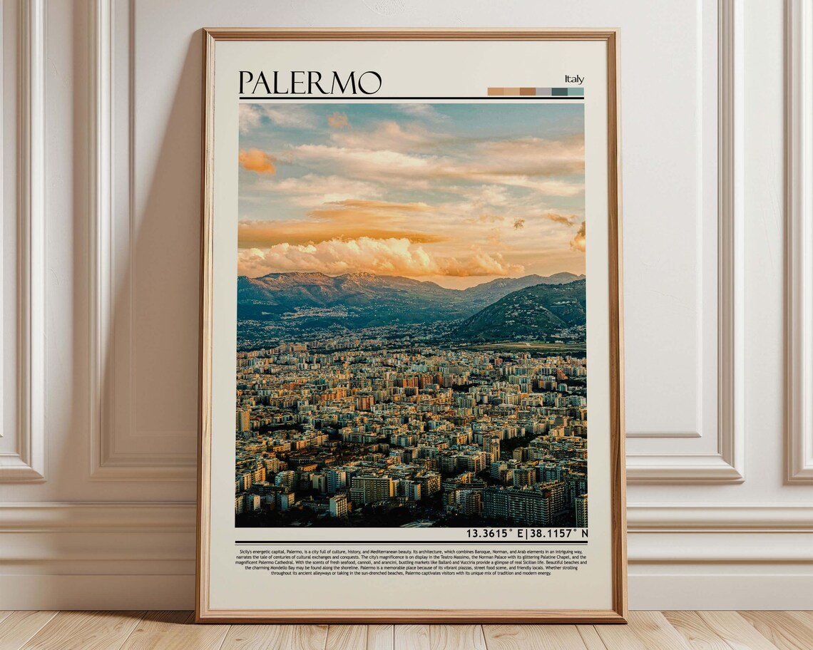 Palermo Italy Sicily Sunset Cityscape Aerial View Travel Poster