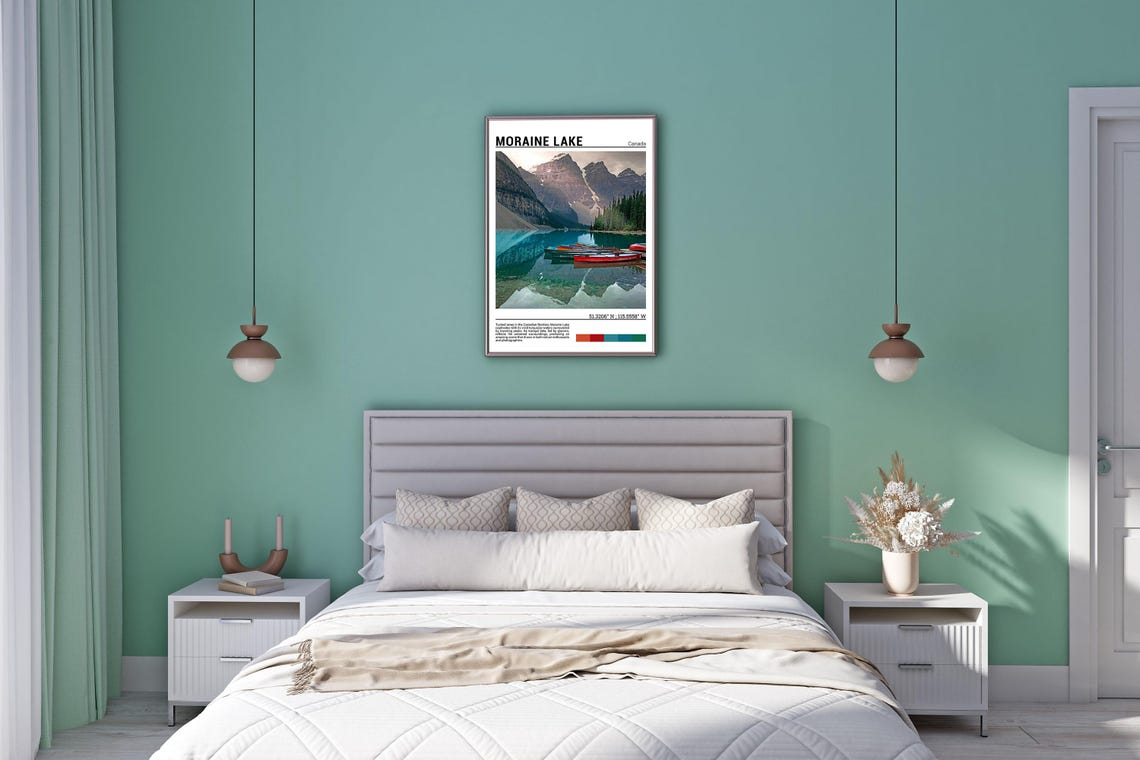 Moraine Lake Canada Red Canoes on Turquoise Water Scene Poster - Image 5