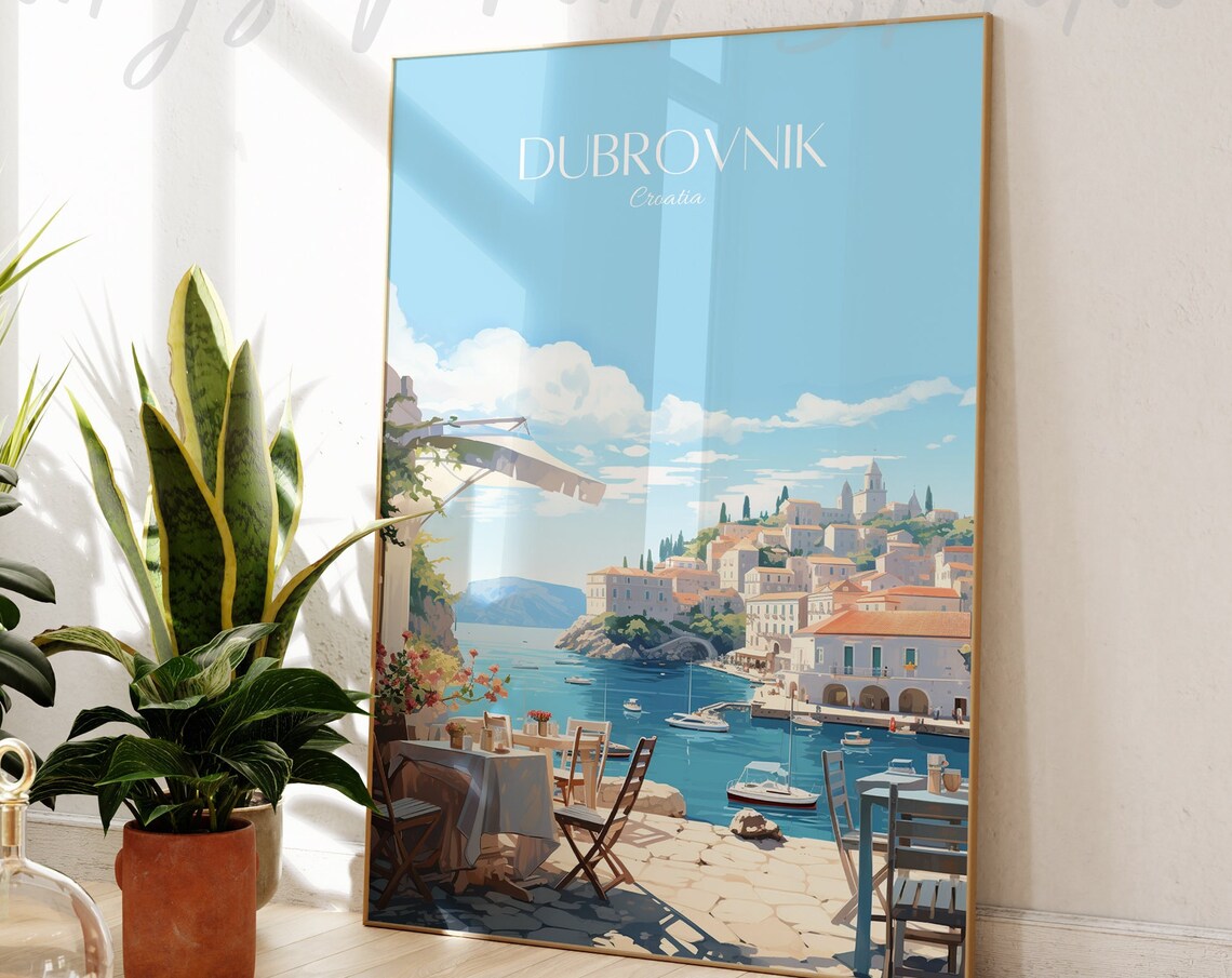 Dubrovnik Croatia Old Town Seaside Harbor Sunny Cafe Travel Poster