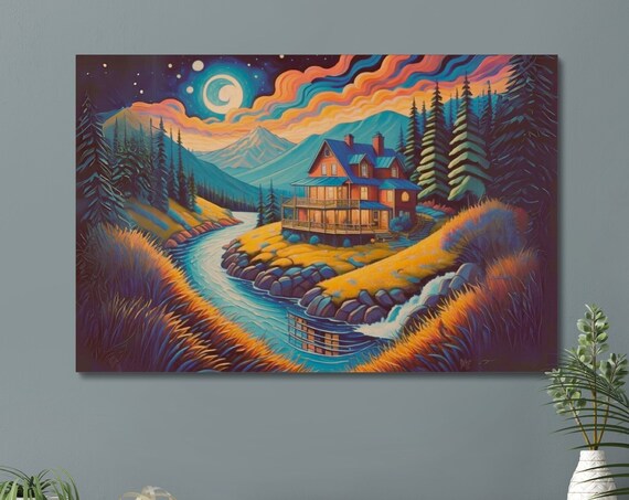 Mountain And Forest Landscape Wall Art House By The Lake Mountain House Painting River Painting Village House Gift