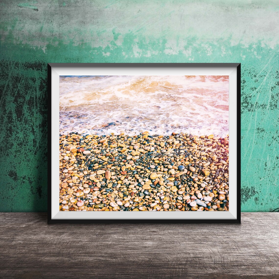 Colorful Rocky Pebble Beach Waves Shoreline Photography Poster