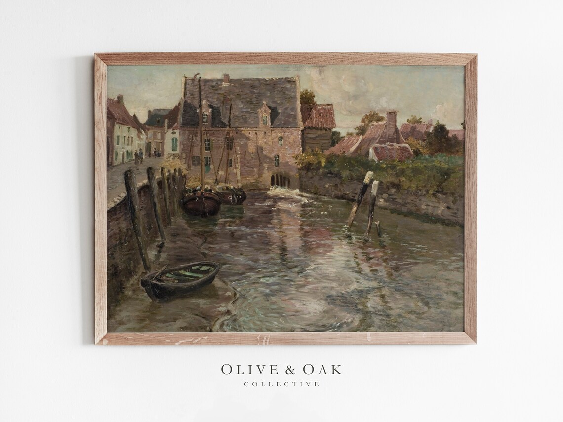 Country Village Painting, Rustic Neutral Vintage Art Print