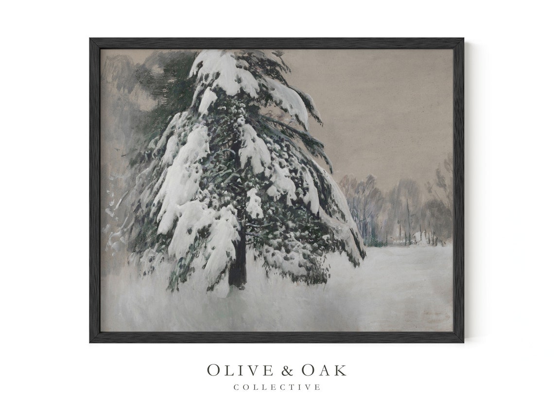 Vintage Winter Landscape Print Snowy Tree Painting Cozy Decor Printed Or Framed 360 M - Image 3