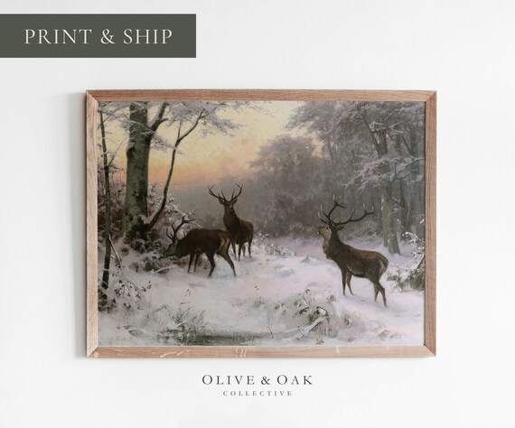 Deer Landscape Painting, Winter Snow Cabin Decor