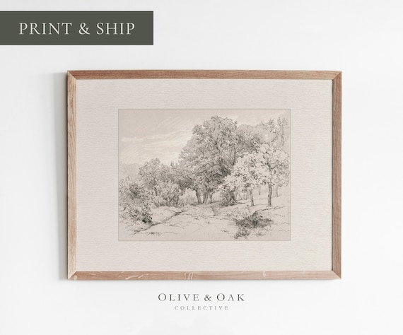 Vintage Landscape Sketch, Neutral Cottage Decor Art Print